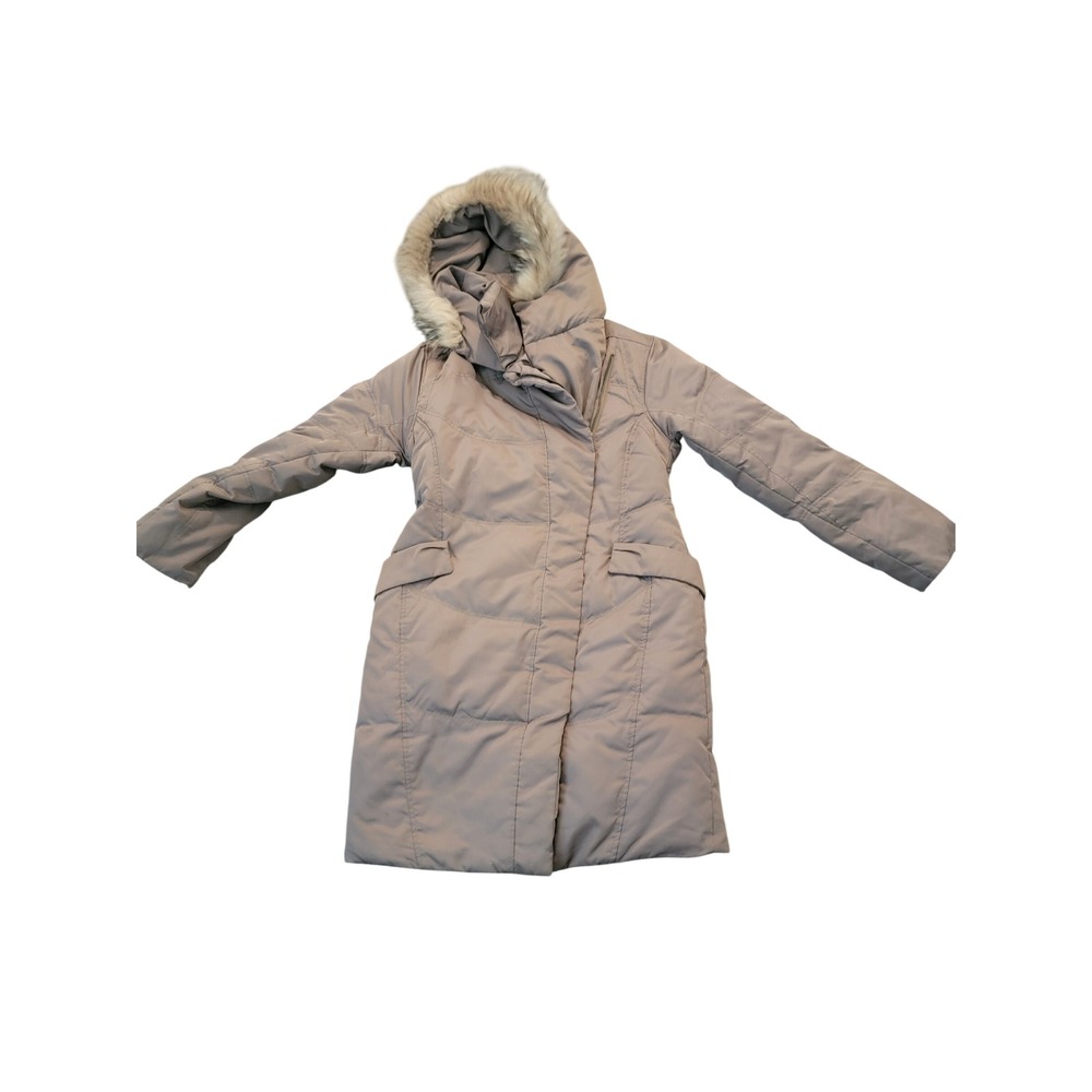 YSB Women Long Puffer Coat Faux Fur Hood Khaki Taupe Quilted Parka Jacket